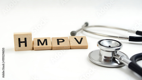 Stethoscope with Wooden Block Engraved HMPV, Medical Concept for Human Metapneumovirus Awarenes