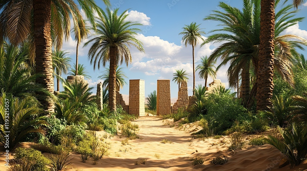 Obraz premium Oasis path through ancient ruins, desert landscape, sunlight, travel poster.