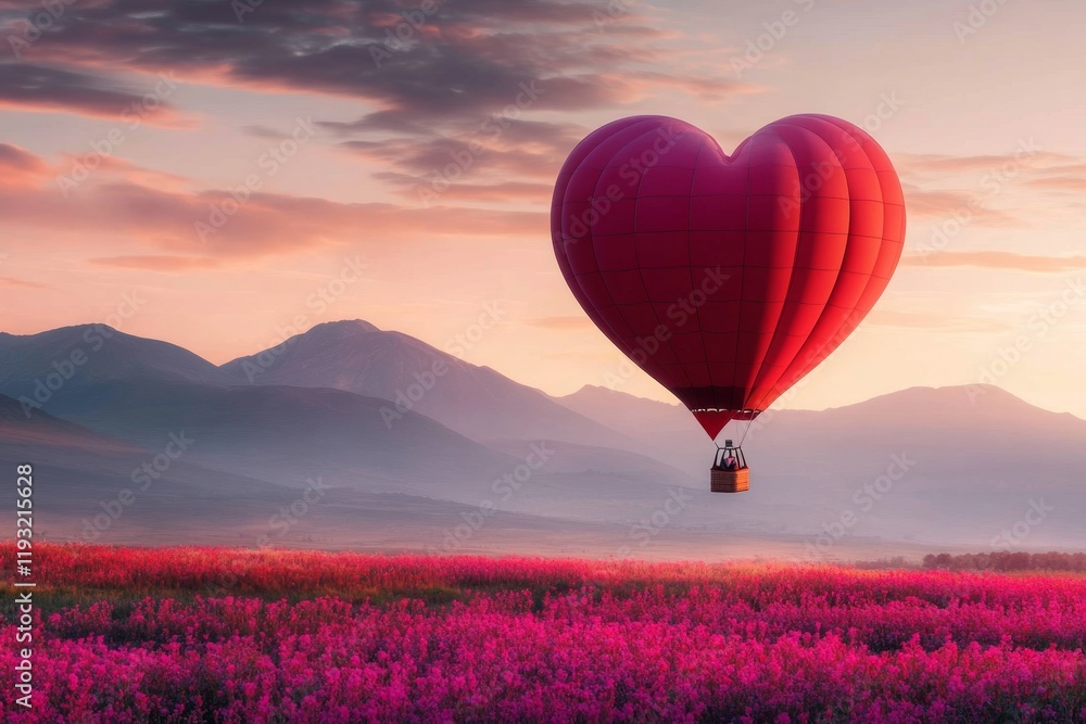 Fototapeta premium A vibrant digital illustration of a heart-shaped hot air balloon floating over a colorful meadow at sunrise
