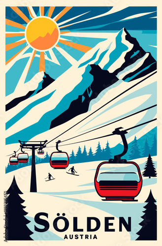 Solden, Austria Ski Travel Poster in retro style. Snowy mountains digital print. Winter holidays, active lifestyle. Vintage vector colorful illustration