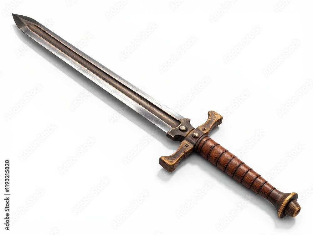 Medieval Fantasy Sword Steel Blade Wooden Grip Isolated on White Background Medieval Fantasy Sword Steel Blade Wooden Grip Isolated on White Background