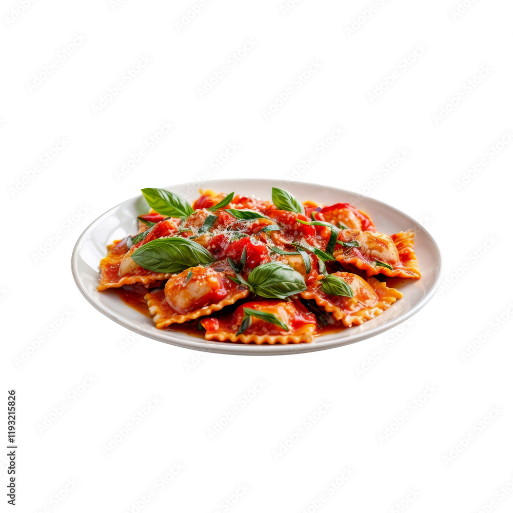 Ravioli in Tomato Sauce: A delectable plate of ravioli, swimming in a rich tomato sauce, is garnished with fresh basil and grated cheese.