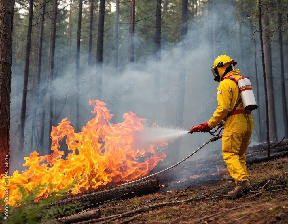 Firefighter battling a forest fire with a water hose, flames and smoke surround...Concept: Heroism, fire suppression, natural disaster response. Firefighter battling a forest fire with a water hose, flames and smoke surround...Concept: Heroism, fire suppression, natural disaster response.
