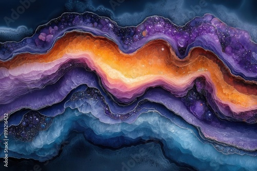 a vibrant swirl of amethyst, coral, and topaz paints a captivating and ethereal landscape, creating a sense of movement and fluidity on a liquid canvas photo