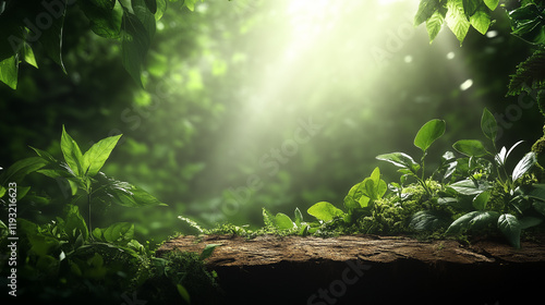 Natural mockup with stone platform and forest background for product display