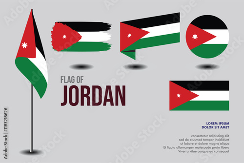 Set of Jordan flag in 5 designs: flag on pole, brush stroke, skew, round and standard. vector, flat, isolated on grey background
