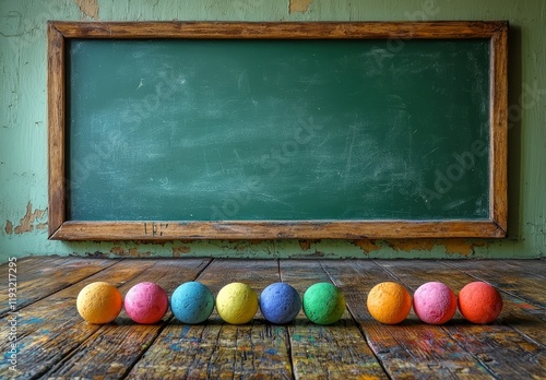 A group of colorful chalk rubbed out on a blackboard or a chalkboard background, suitable for illustrating school education, dark wall backdrop, or design template photo