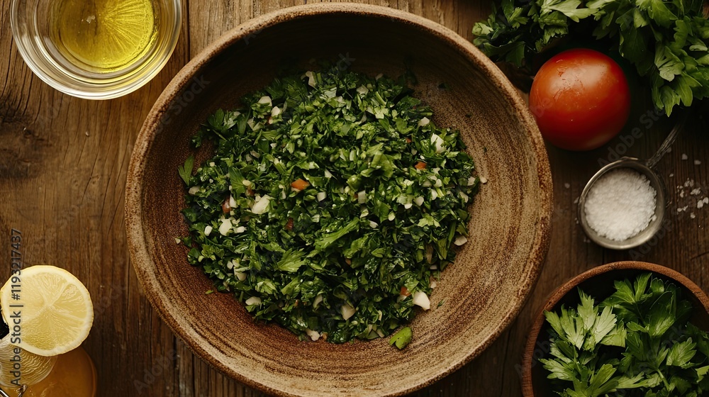 Overhead view of tabbouleh in bowl, ingredients nearby, wooden background, for recipe blogs. Overhead view of tabbouleh in bowl, ingredients nearby, wooden background, for recipe blogs.