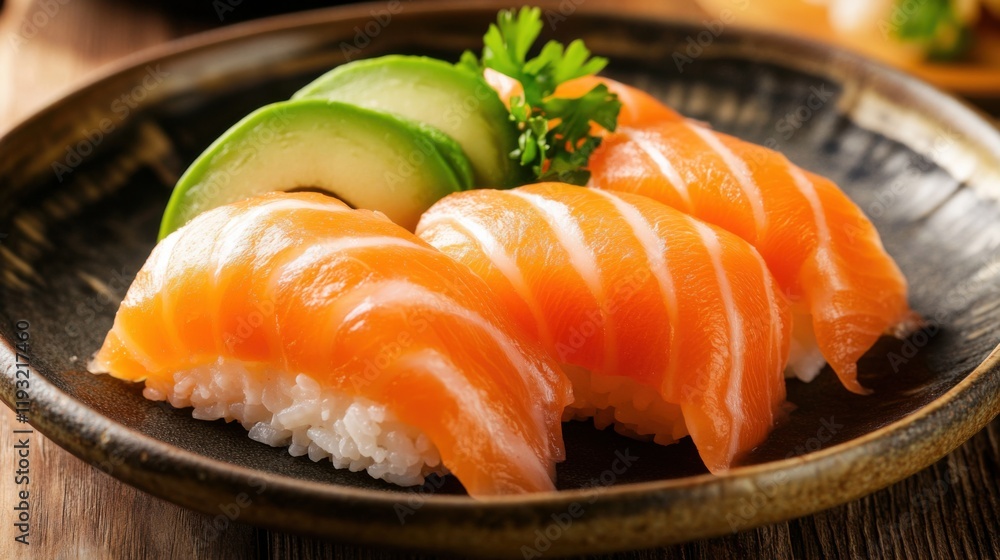 Close-up of rice and Japanese sushi with salmon and avocado on a traditional sushi plate, emphasizing fresh and delicate nature. Ideal for Japanese cuisine and sushi dishes. Close-up of rice and Japanese sushi with salmon and avocado on a traditional sushi plate, emphasizing fresh and delicate nature. Ideal for Japanese cuisine and sushi dishes.