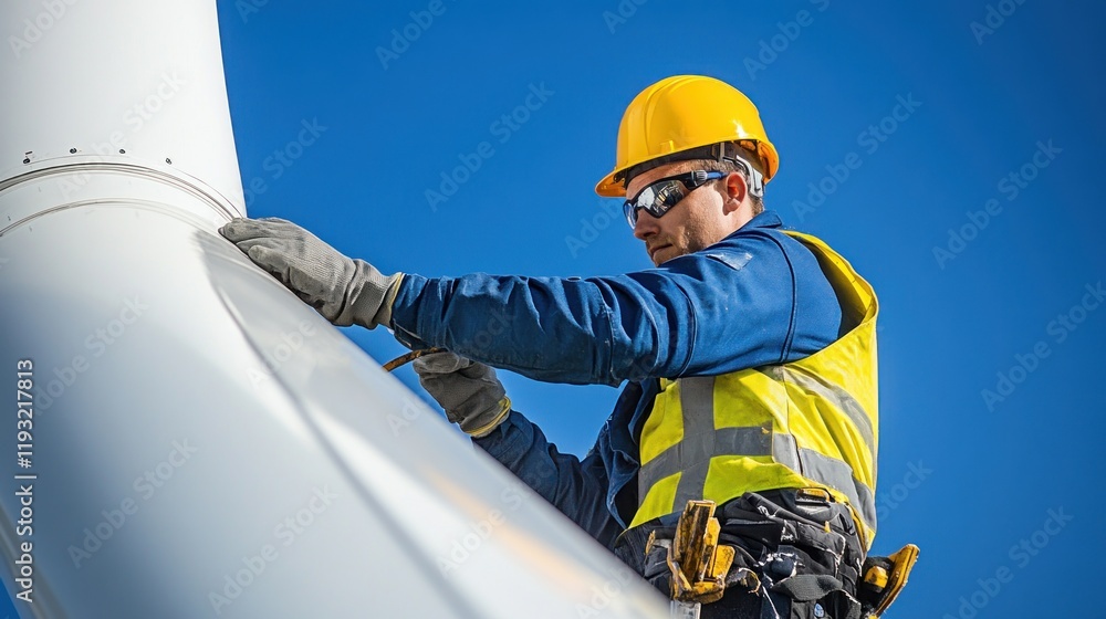 A close-up of a technician adjusting the pitch of a turbine blade during a maintenance check, with the clear blue sky behind. This image highlights the technical expertise required in the wind energy A close-up of a technician adjusting the pitch of a turbine blade during a maintenance check, with the clear blue sky behind. This image highlights the technical expertise required in the wind energy