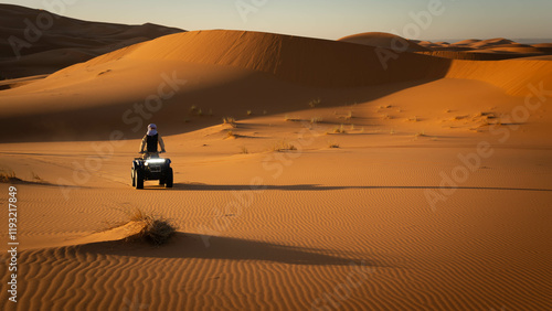 Fototapeta Naklejka Na Ścianę i Meble -  Berber nomad touring the Mezouga desert on a quad at dawn.