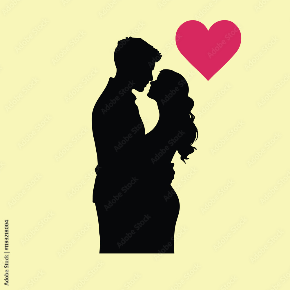 Straight couple, in silhouette, with a man and a woman, with a pink heart, simulating the , modern and simple illustration style, romantic colors background Straight couple, in silhouette, with a man and a woman, with a pink heart, simulating the , modern and simple illustration style, romantic colors background