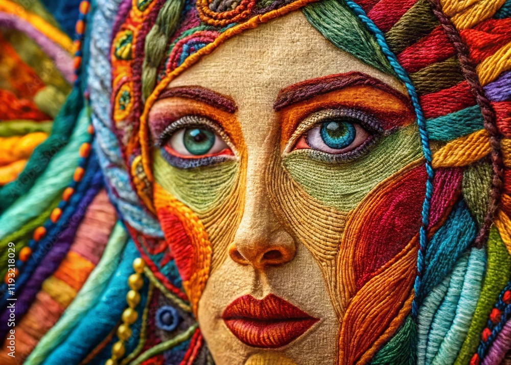 Fototapeta premium Abstract Embroidered Face Textile Art: Left-Positioned, Copy Space