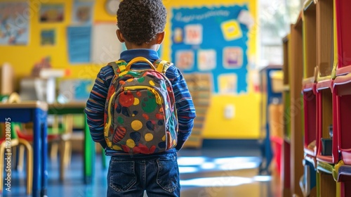 A preschooler wearing a brightly patterned backpack, standing by their cubby in a classroom. photo