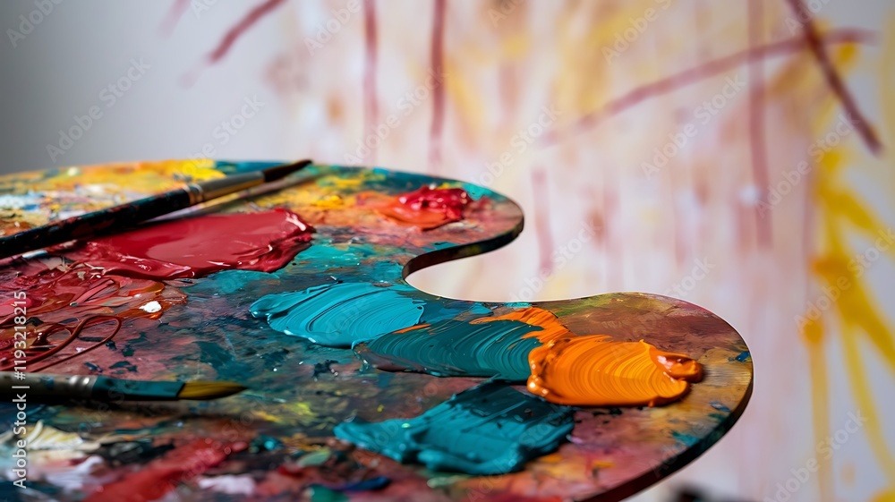 Fototapeta premium Close-up of a paint-smeared artist’s palette with vibrant red, teal, orange, and yellow hues. Scattered brushes and blurred background of an abstract painting evoke