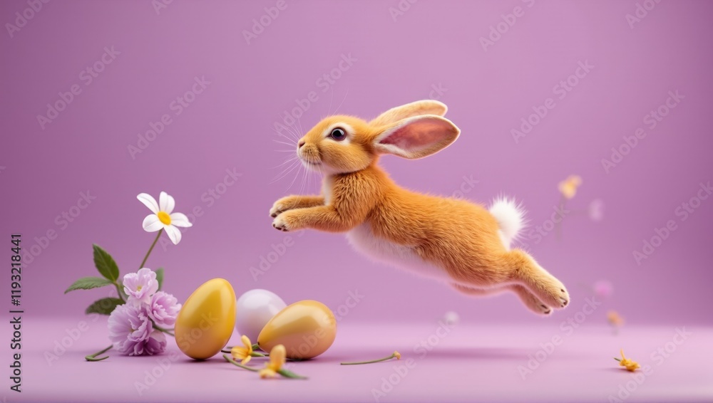 Cute easter bunny jumping over colorful eggs and spring flowers on purple background