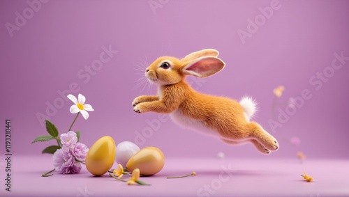 Obraz na płótnie Cute easter bunny jumping over colorful eggs and spring flowers on purple background w salonie