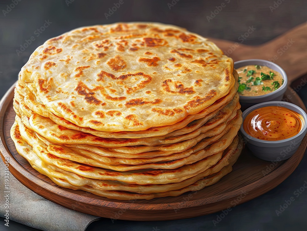 Stack of flatbreads with dips, dark background, food photography, recipe illustration. Stack of flatbreads with dips, dark background, food photography, recipe illustration.