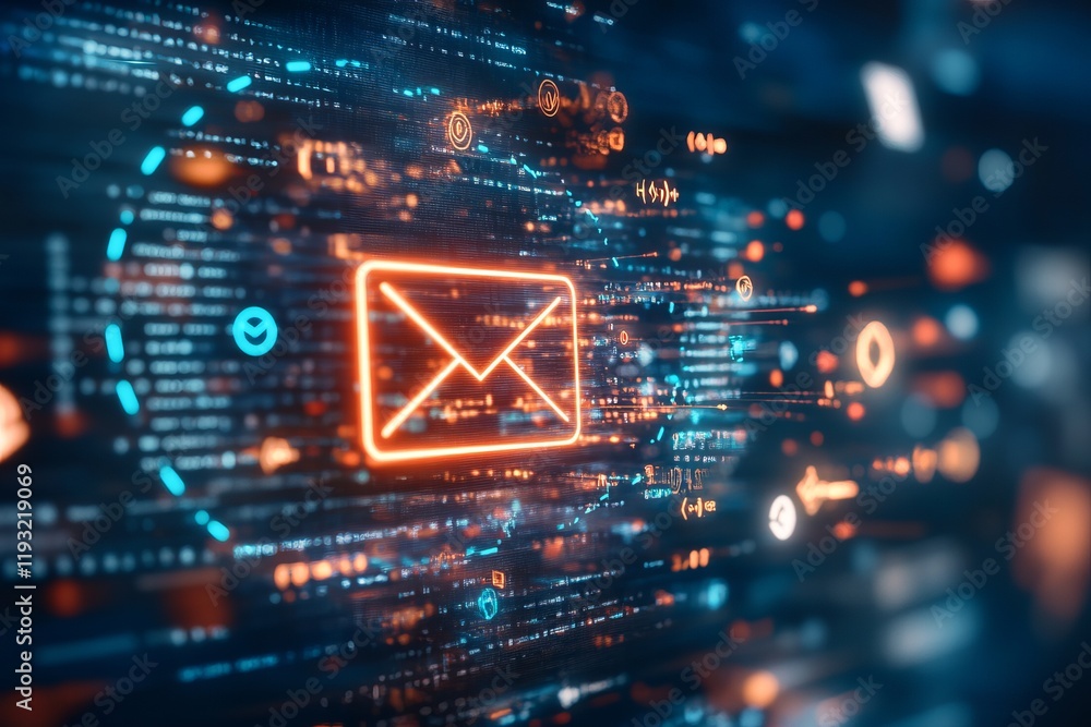 Fototapeta premium A sleek envelope icon surrounded by digital elements, representing the concept of modern email marketing