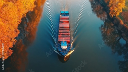 Drone captures a 4K aerial view of a waterway with a barge or freight cargo ship moving across green forests and farmfields. High quality 4K recording photo