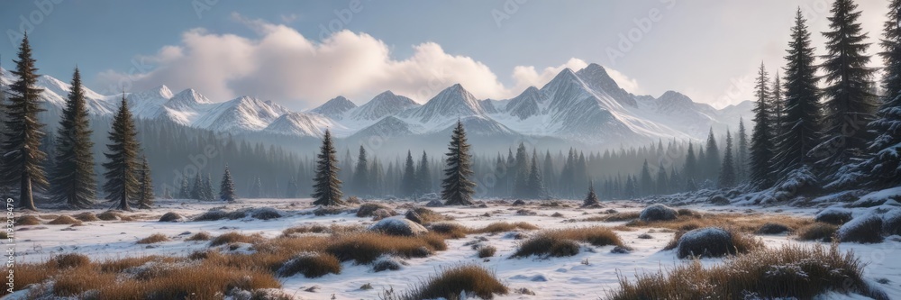 Fototapeta premium A frosty morning in the Tatras, with a snowy peak emerging from among spruce trees and mist rising from the forest floor, early spring, frosty mornings, bare branches