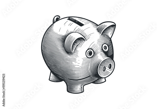 Vintage Piggy Bank Woodcut Engraving Style Vector Illustration with Detailed Hand-Drawn Design