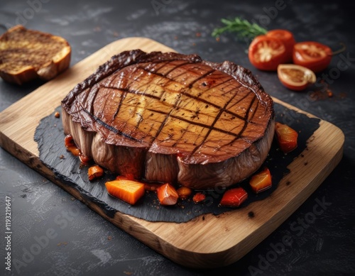 A thick steak with a caramelized crust rests on a black chopping block, culinary art, raw meat, food preparation photo