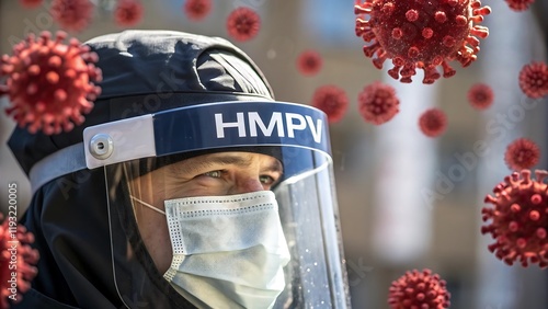 Protective Mask and Visor Close-Up with 'HMPV': Respiratory Illness Prevention and Virus Threat Concept, Human Metapneumovirus (HMPV)