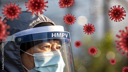 Protective Mask and Visor Close-Up with 'HMPV': Respiratory Illness Prevention and Virus Threat Concept, Human Metapneumovirus (HMPV)