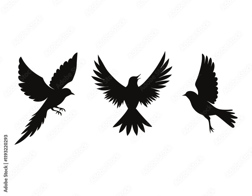 set of three bird silhouettes in flight, suitable for nature-inspired projects, emphasizing the beauty and freedom of avian movemen