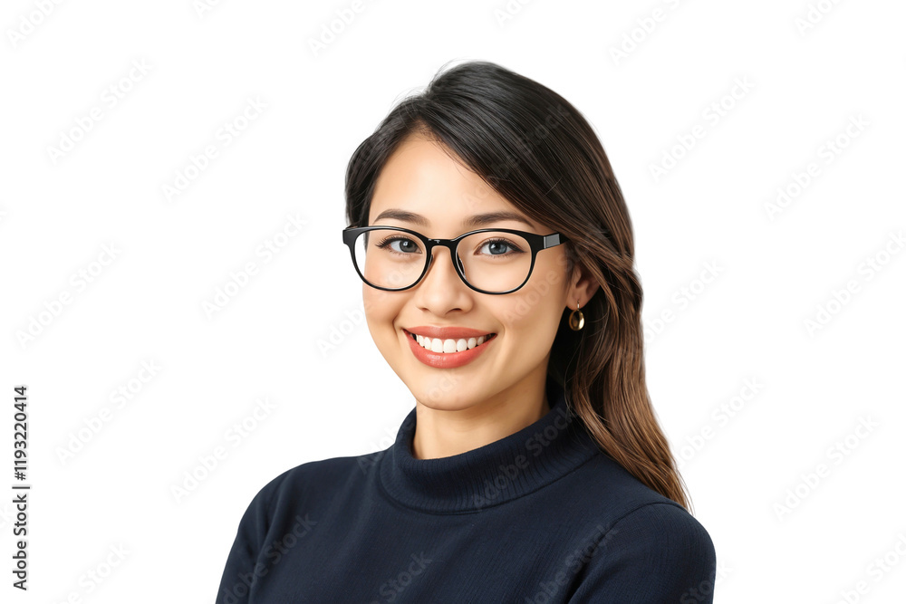 Smiling young beautiful woman with glasses, isolated on transparent background