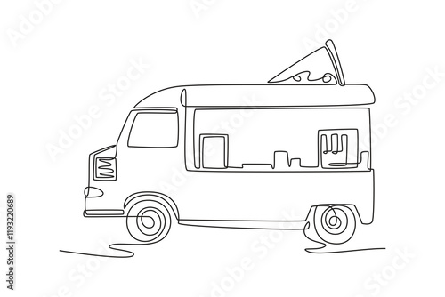Food truck with street food concept. Single line draw design vector graphic illustration.