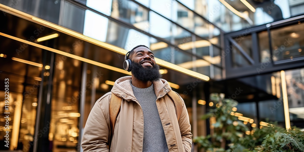 A man with a beard and a backpack is smiling while walking in front of a building. Concept of happiness and contentment, as the man is enjoying his time outdoors A man with a beard and a backpack is smiling while walking in front of a building. Concept of happiness and contentment, as the man is enjoying his time outdoors