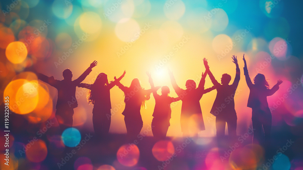 A vibrant celebration of joy and unity, where a group of people raises their arms against a radiant background filled with colorful bokeh lights. A vibrant celebration of joy and unity, where a group of people raises their arms against a radiant background filled with colorful bokeh lights.