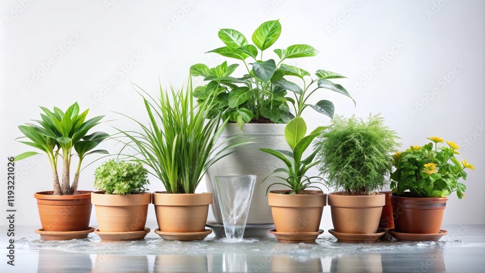 Fototapeta premium A group of plants in a pot with multiple water sources nearby, self-watering pots, home decor