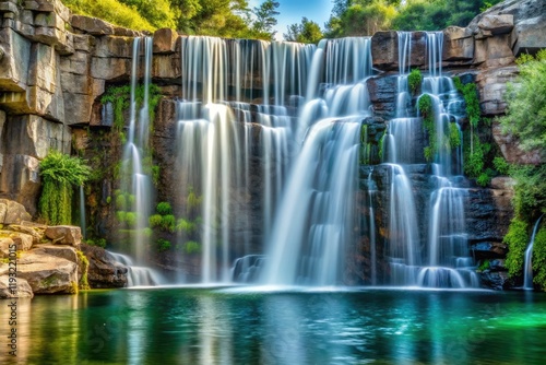 A stunning metallic silver colored waterfall cascading down a rocky cliff into a tranquil pool of water, rock formations, silver waterfall