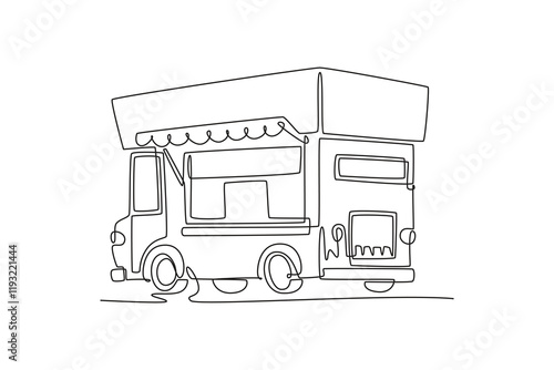 Food truck with street food concept. Single line draw design vector graphic illustration.