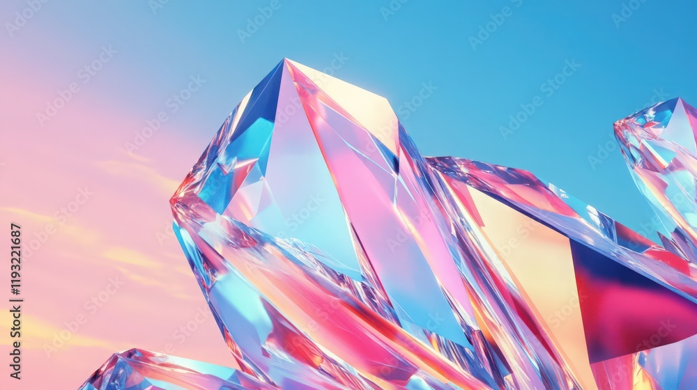 Abstract crystal formations against a gradient sky with soft pastel hues shimmering Abstract crystal formations against a gradient sky with soft pastel hues shimmering
