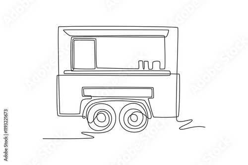 Food truck with street food concept. Single line draw design vector graphic illustration.