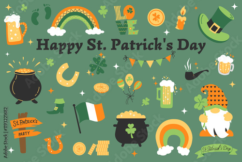 Set of St. Patricks Day with hand drawn color doodles icons. St. Patricks Day collection with green shamrock leaf, beer, irish flag,  leprechaun hat, clover, coins. Vector illustration