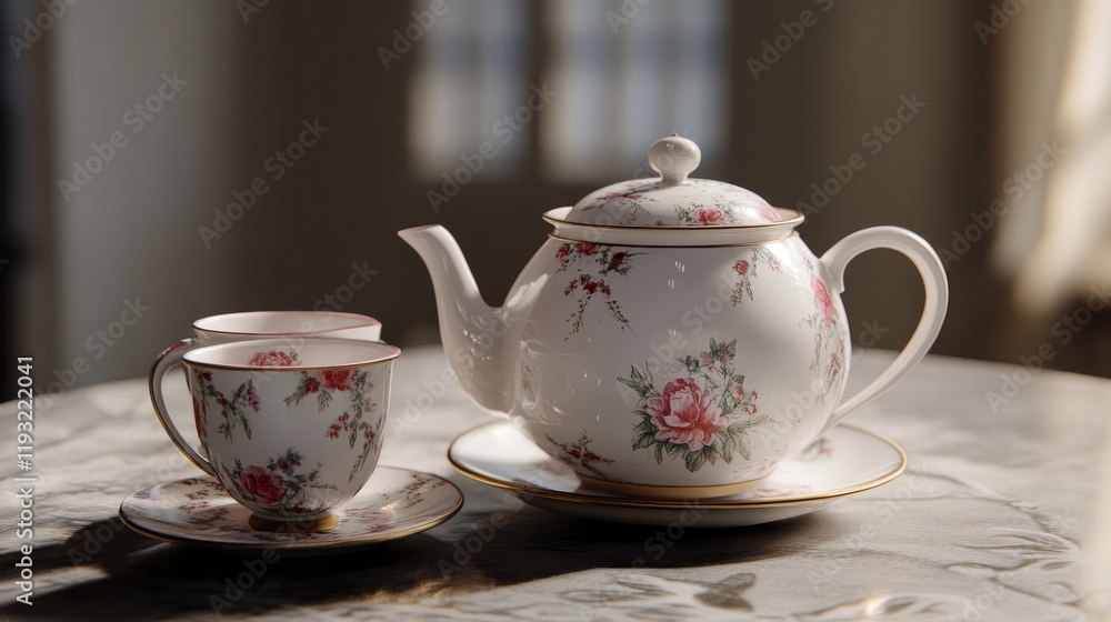 Teapot on the table complete with tea cups Teapot on the table complete with tea cups