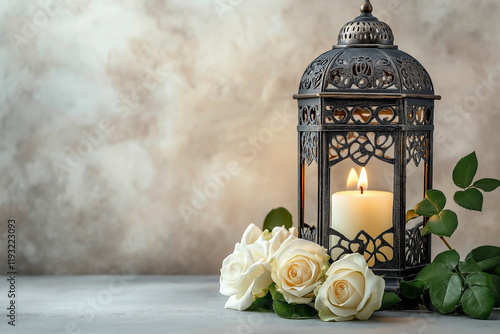 Islamic Arabic Lantern with a Candle and White Roses on a Table, Reflecting the Serenity of Ramadan and Dramatic Candlelight. Generative AI photo