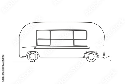 Food truck with street food concept. Single line draw design vector graphic illustration.