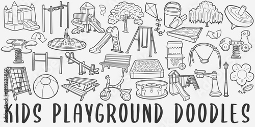 Playground Doodle Icons. Hand Made Line Art. Kids Zone Clipart Logotype Symbol Design.