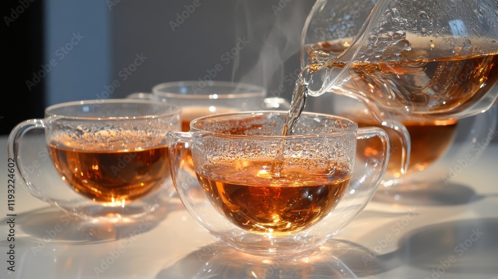 Fototapeta premium A clear teapot filled with tea water is poured into a glass cup