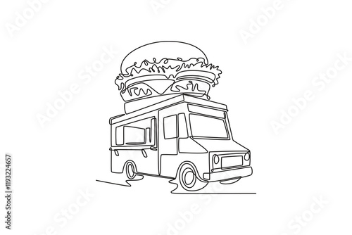 Food truck with street food concept. Single line draw design vector graphic illustration.