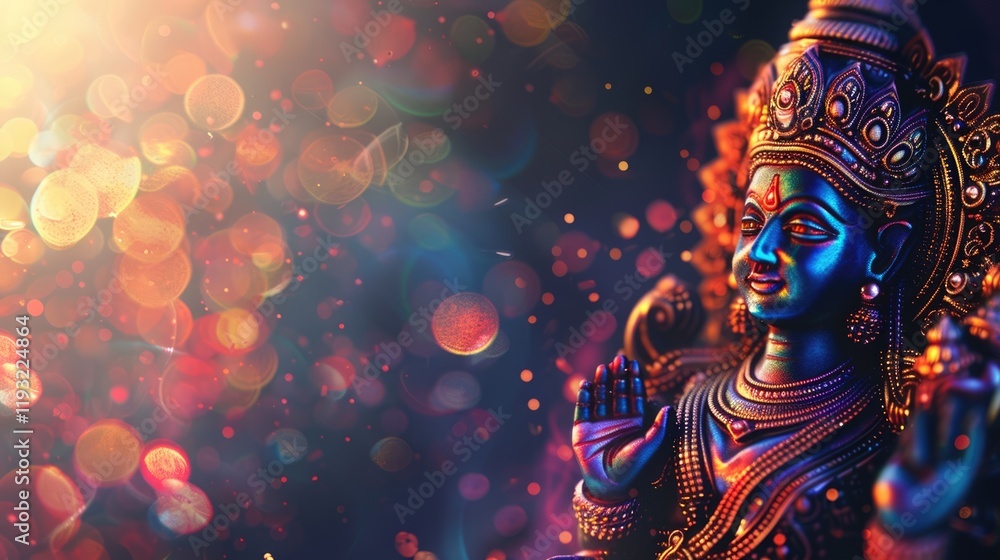 Vasanta Navaratri, golden figure of the great goddess Durga, bright shining blue background, bokeh effect, horizontal banner, copy space, free space for text Vasanta Navaratri, golden figure of the great goddess Durga, bright shining blue background, bokeh effect, horizontal banner, copy space, free space for text