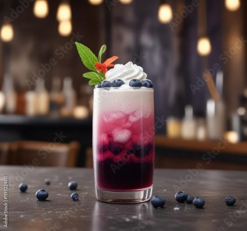 Alcoholic blueberry cocktail with a frothy foam and colorful garnish in a trendy bar background , #barbackground, #cocktailnight, #mixedbeverage photo