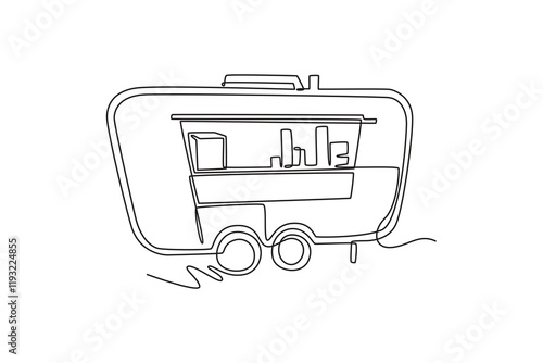 Food truck with street food concept. Single line draw design vector graphic illustration.