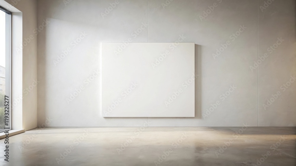Minimalist interior design large blank canvas on a wall in a spacious room with polished concrete floor and large window Minimalist interior design large blank canvas on a wall in a spacious room with polished concrete floor and large window
